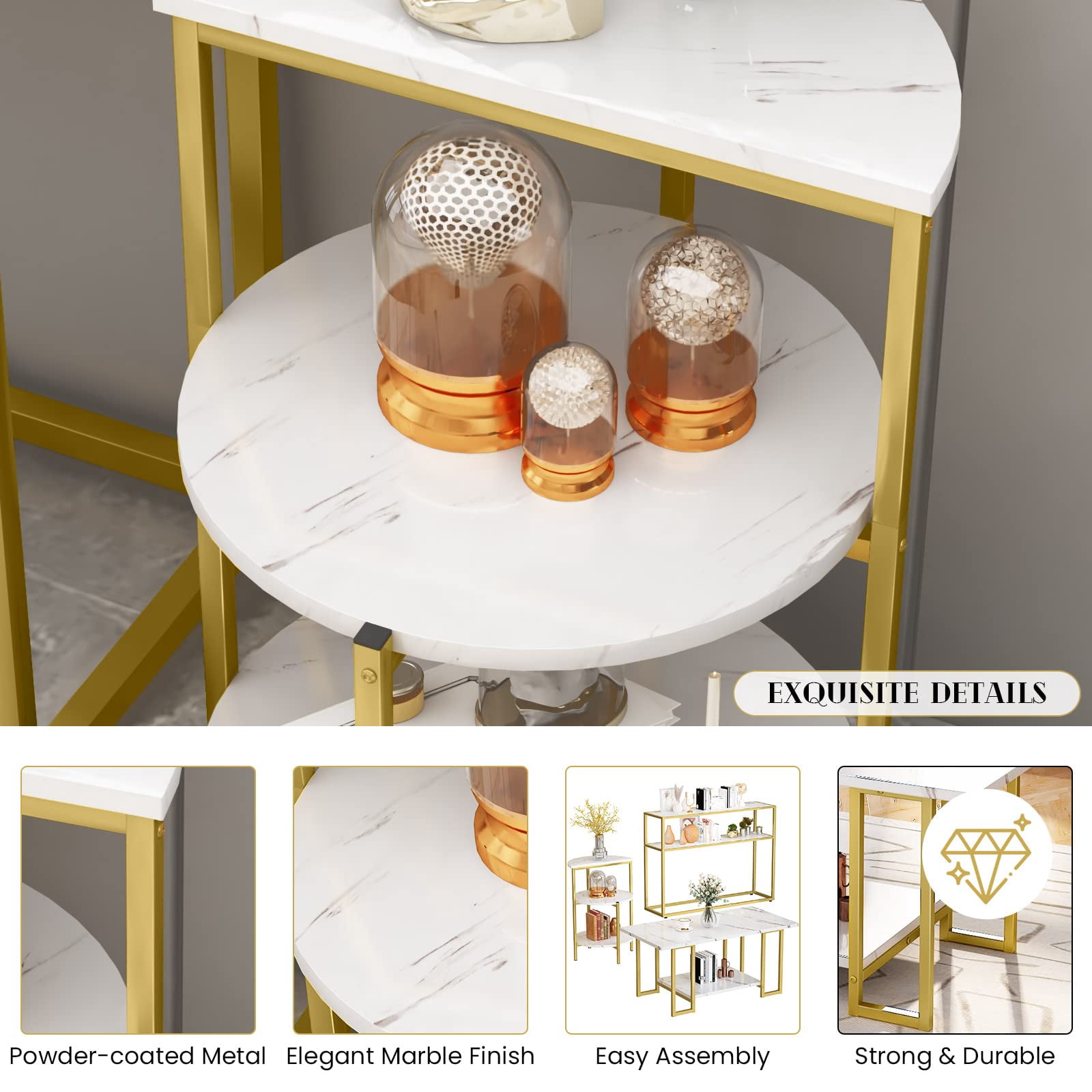 AWQM Storage Multi 3 Tiers 2 Pieces Marble Coffee Table, 2 Side Table, White/Gold