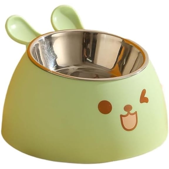 Dog & Cat Food Bowl Non-Slip Wide Shallow Pet Dish for Whisker Fatigue Relief Plastic Raised Tilted 15 Degrees Elevated for Cats and Small Dogs (Green & Steel Bowl)