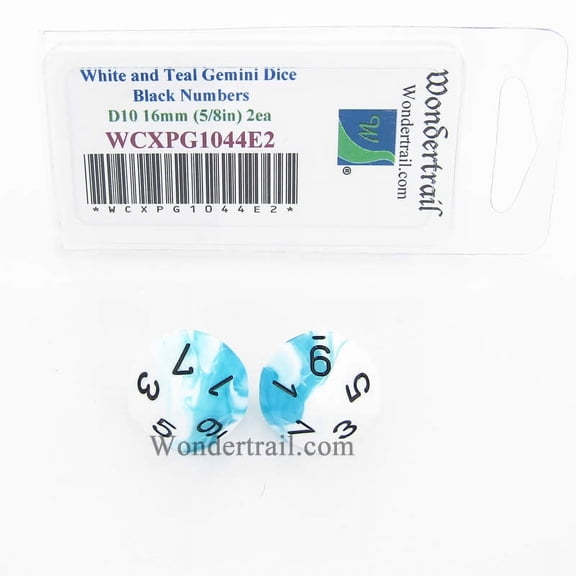White and Teal Gemini Dice with Black Numbers D10 Aprox 16mm (5/8in) Pack of 2 Wondertrail