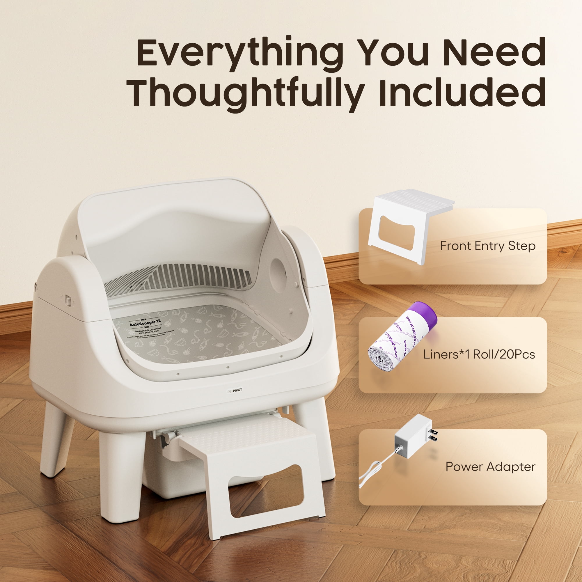 PetPivot AS12 Automatic Cat Litter Box Self-Cleaning with Safety Protection, Liners, Front Entry Step Included, White