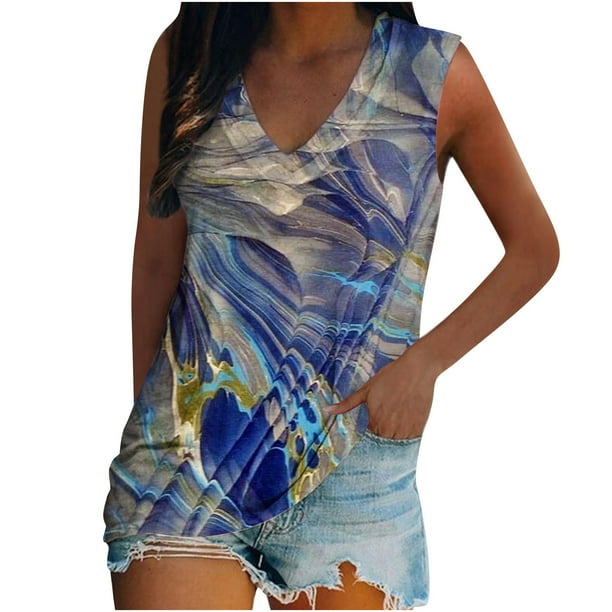 Camiseta holgada sin mangas con cuello redondo y estampado de flores informales de verano para mujer Pompotops lopia994384