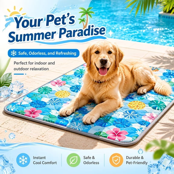 Summer Thick Anti-Slip Dog Cooling Pad - Washable Ice-Like Smooth Pet Mattress for All Dog Sizes - Durable Polyester Fiber with Paw Print Pattern
