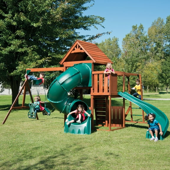 Swing-N-Slide Grandview Twist Wood Swing Set with Tube Slide, Monkey Bars and Swings
