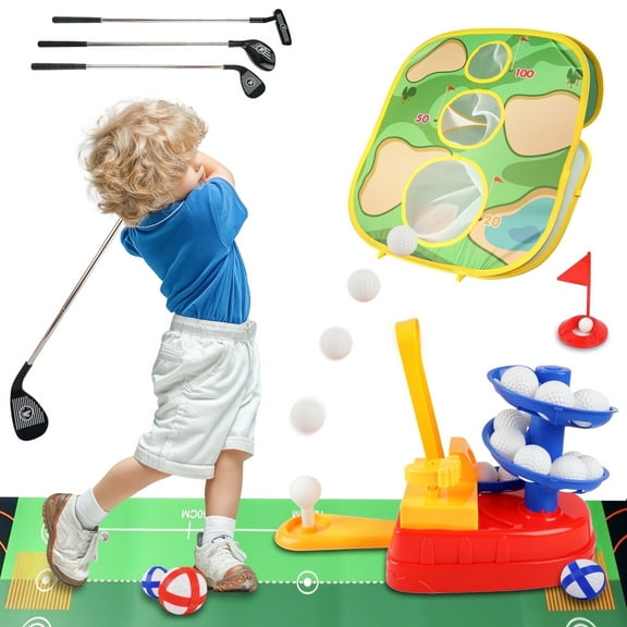 YCFUN Kids Golf Toy Set, Golf Club Set with 26 Pcs Balls, Cornhole Beanbag Cloth and Putting Mat, Outdoor Indoor Golf Sport for Boys Girls Age 3-8