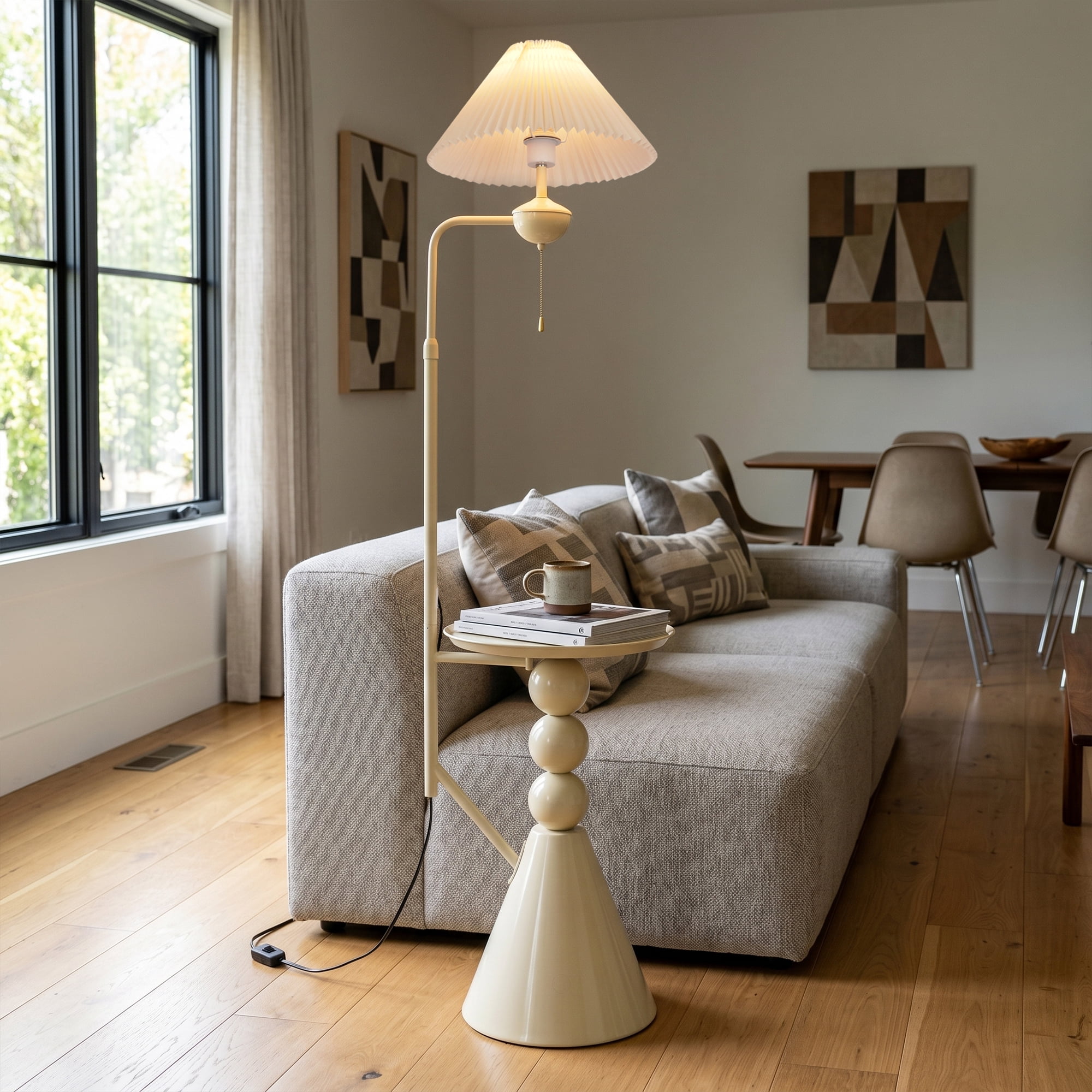AFANQI15-inch Cream-colored Side Table Floor Lamp with Side Table Design; Suitable for Living Room, Bedroom, and Study; Nordic Minimalist Floor Lamp