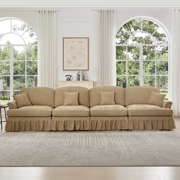Miekor Furniture Elegant Mid Century Large 4 Seater Sofa Couch with Flared Arms and Removable Ruffles Pleats Skirts and Spindle Legs, Comfy Chenille Four-Seat Sofa for Living Room, Light Coffee MK5199
