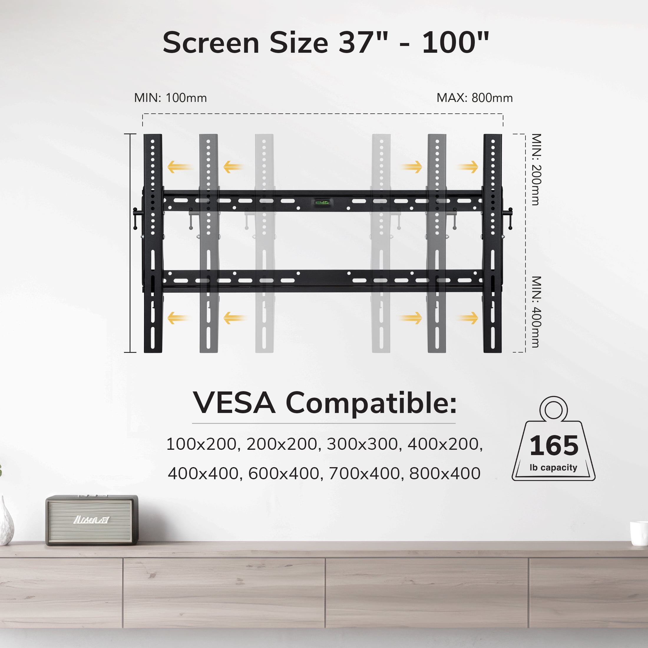 Mount-It!  Low Profile Tilting TV Wall Mount Bracket, Fits 37"-100" TVs, 165 lbs. Capacity