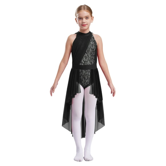 Miutii Kids Girls Sleeveless Lyrical Dance Dress Floral Lace Ice Skating Dress Sheer Mesh Skirt Ballet Leotard Black 8