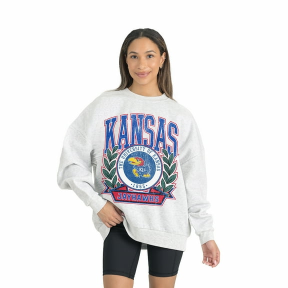Women's Gameday Couture Gray Kansas Jayhawks Premium Fleece Drop Shoulder Oversized Pullover Sweatshirt