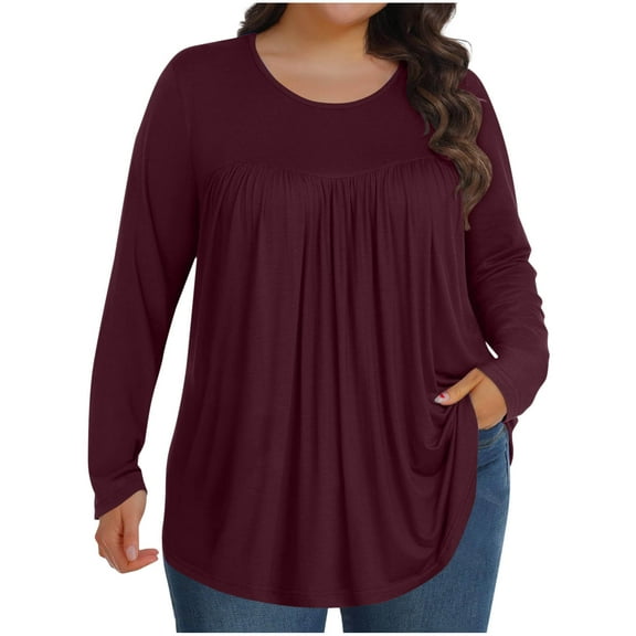 tarylea Plus Size Tops for Women Crew Neck Chest Pleated Tunic Solid Color Long Sleeve Shirts Casual Loose Fall Basic Dailywear Tops