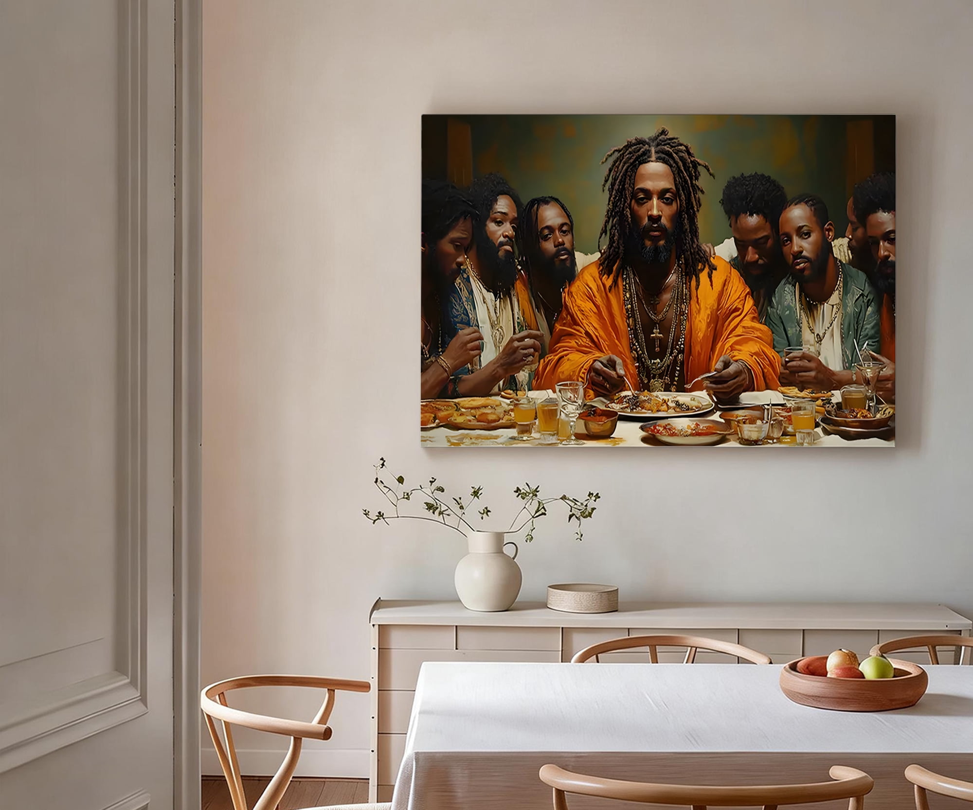 Black Last Supper Dreadlocks Canvas Wall Art, African American Christian Decor, Modern Biblical Artwork For Church, Living Room, Home Chapel, Ready To Hang 24*36inch(60*90cm)
