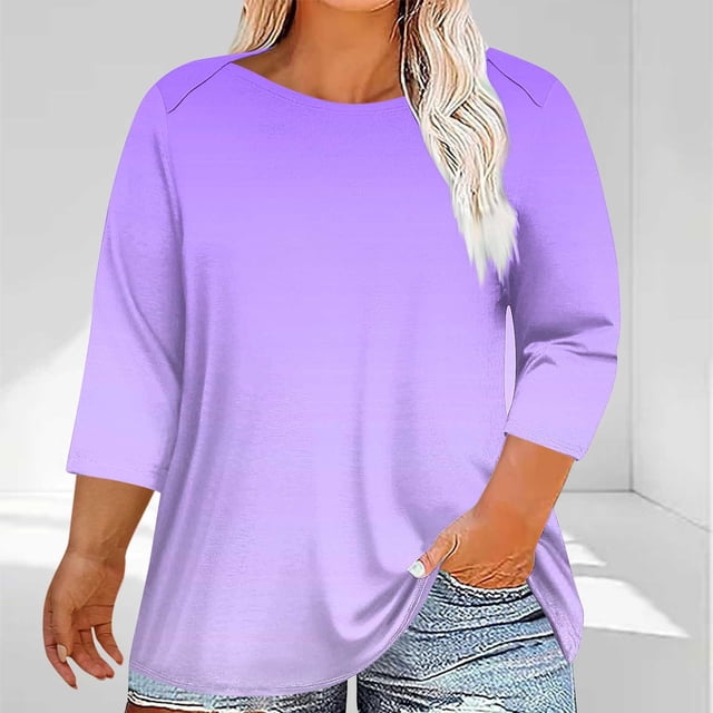 Meichang Women's Plus Size Tops Summer Gradient Print Loose Fit 3/4 Sleeve T Shirts Casual Crew Neck Tunic Top, Womens Tops Under 10 Dollar
