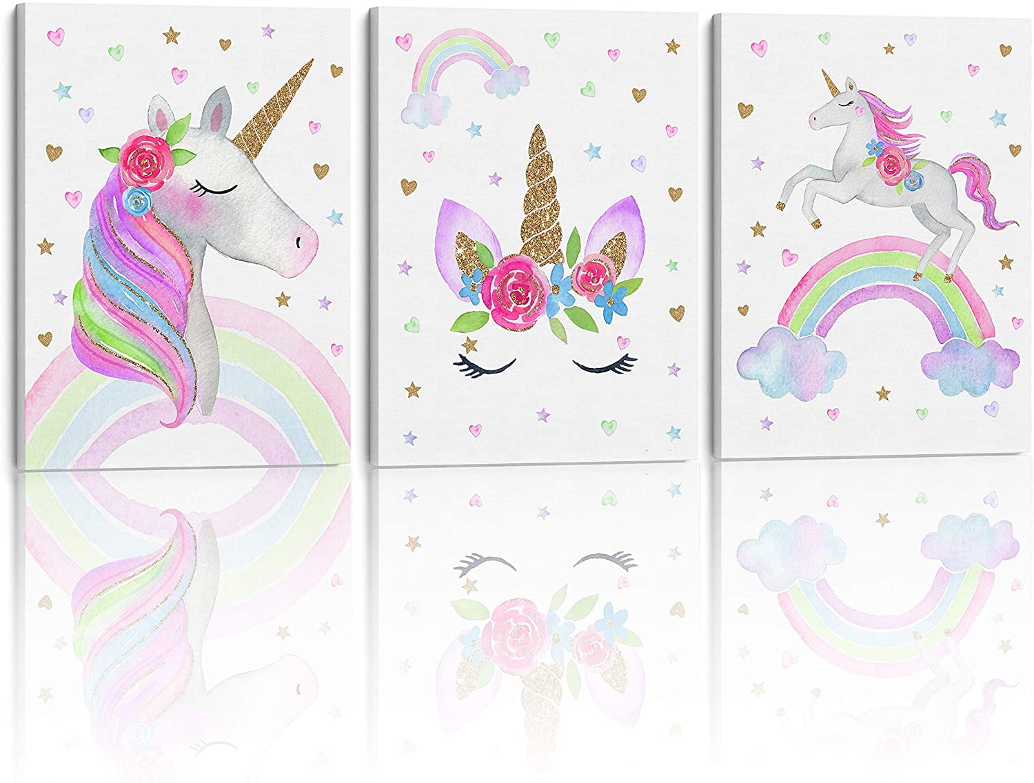 Rainbow Unicorn Canvas Wall Art for Girl's Bedroom Decoration. Set of 3