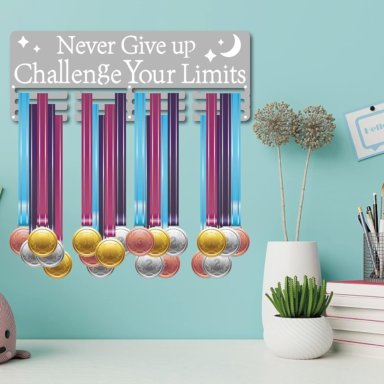 Medal Holder Display Hanger Rack Sports Awards Metal Wall Mounted Never Give Up Challenge Your Limits for Athletes Champions Players Gymnastics Over 60 Medals Platinum 15.7 x 5.9inch Platinum
