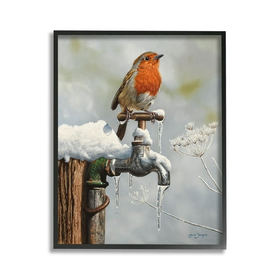 Stupell Industries Robin Bird & Winter Scene Animals & Insects Painting Black Framed Art Print Wall Art, 11 x 14