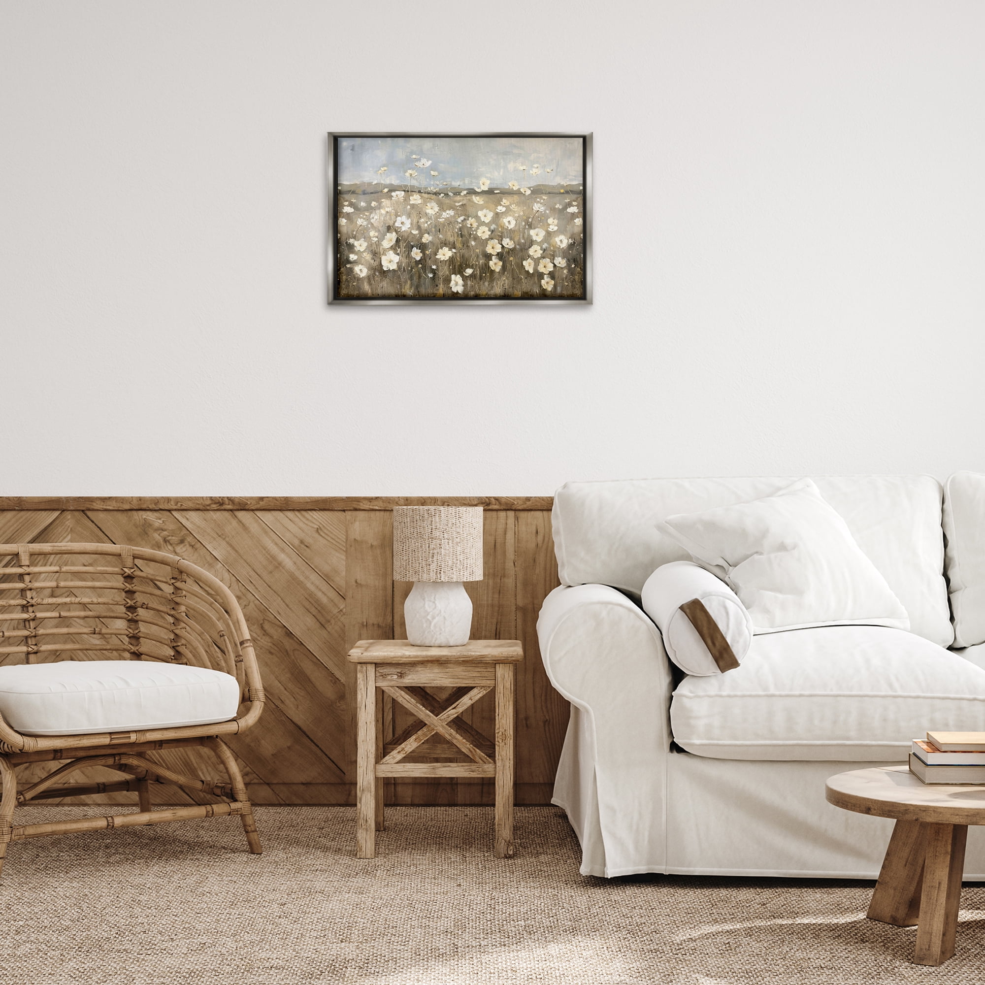 Stupell Industries Prairie Wildflower Meadow Landscape Painting Gray Floater Framed Canvas Art Print Wall Art, 25 x 17