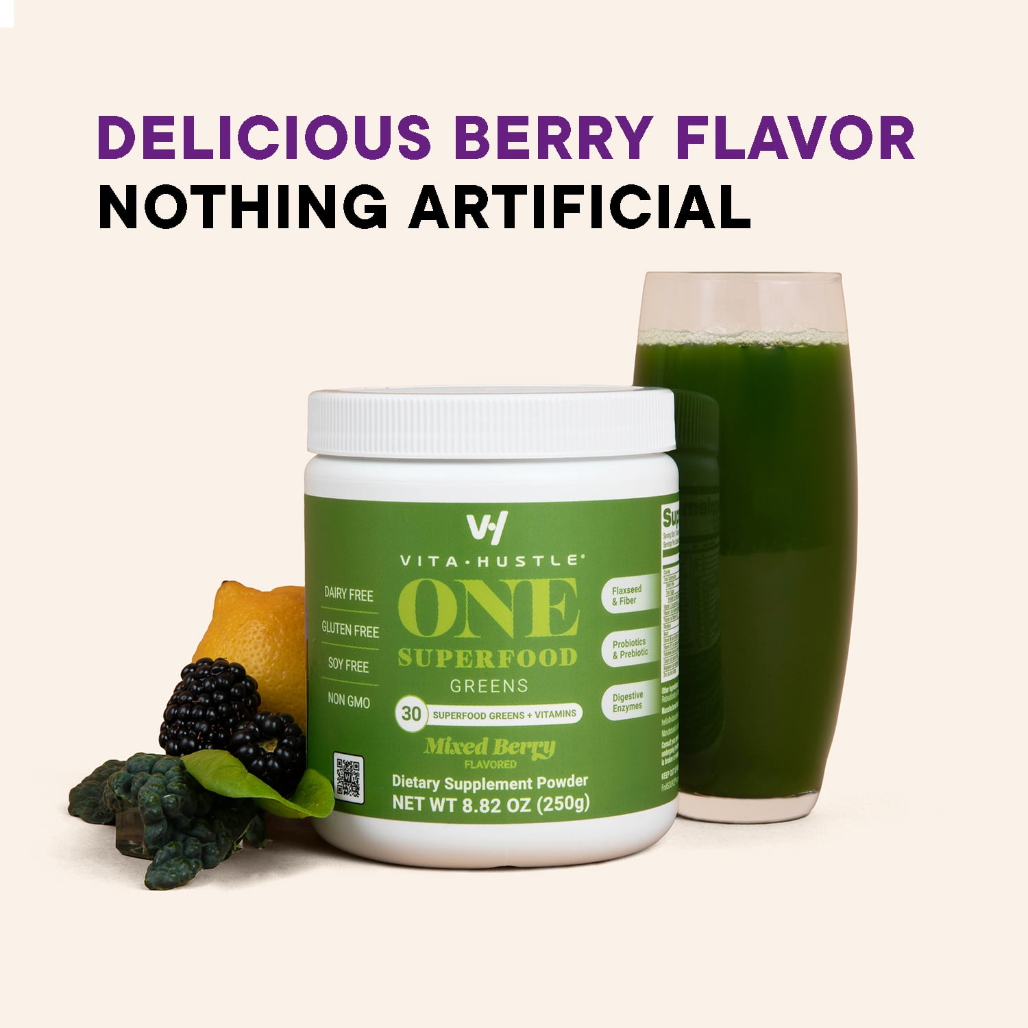 VitaHustle ONE Superfood Greens Powder, Probiotics, Mixed Berry, 25 Servings