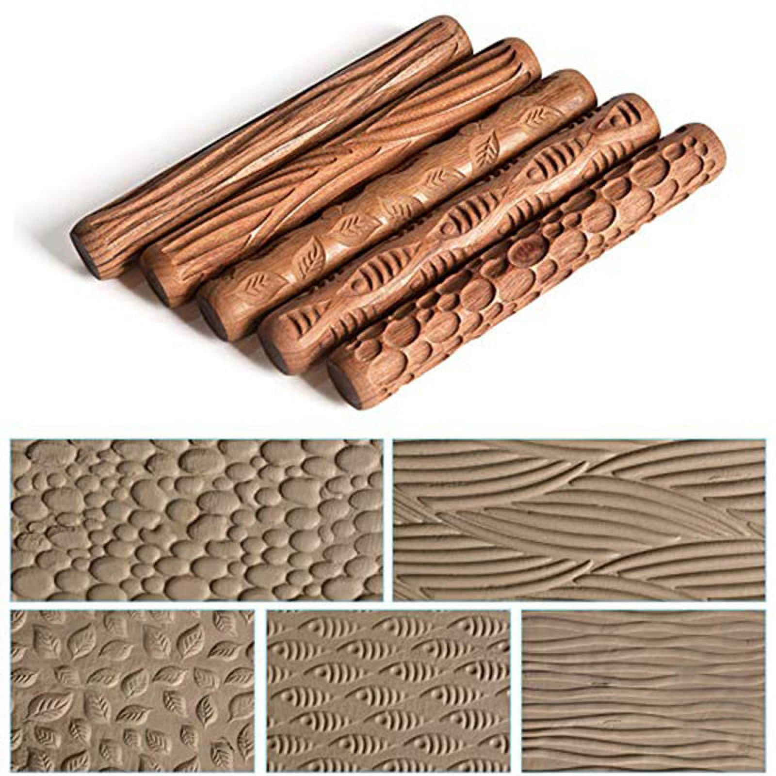 5PCS Pottery Tools Wood Hand Rollers for Clay Clay Stamp Clay Roller