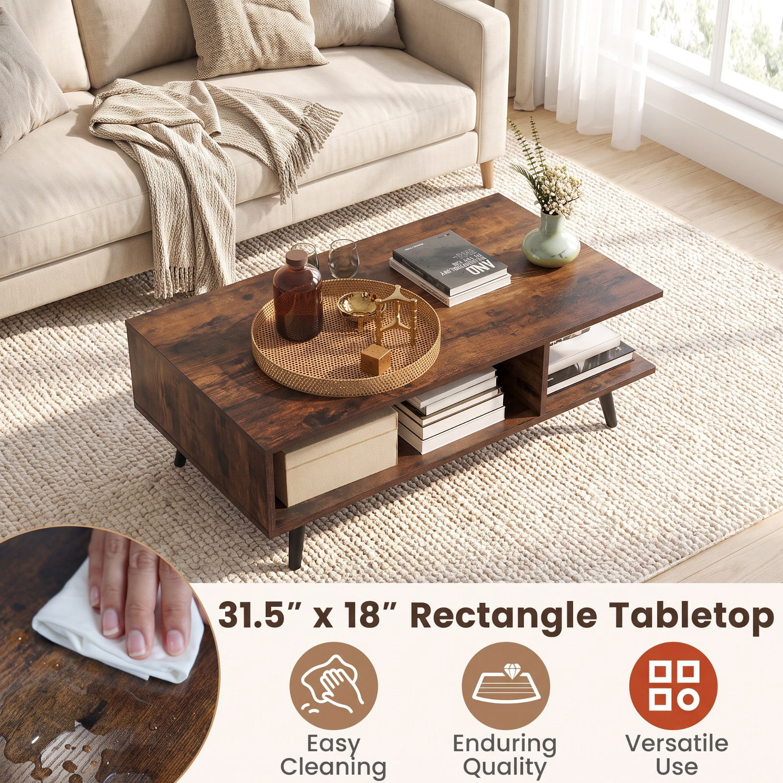 Furnibear Mid Century Modern 2-Tier Rectangle Coffee Table with Two Open Compartments and Tapered Metal Legs for Living Room, Rustic Brown
