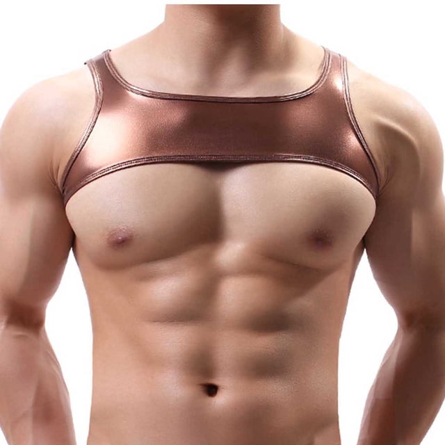 pstuiky Camiseta sin mangas para hombre, Camiseta de tirantes ajustada de cuello redondo de piel sintética de seda helada con estampado en caliente de color liso para hombre Chaleco de hombre s