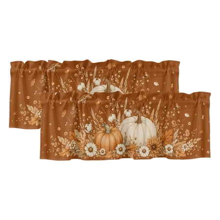 2 Pack Valances for Windows, Pumpkins Fall Window Valances for Living Room/Bedroom/Bathroom, Vintage Floral Thanksgiving Orange Light Filtering Kitchen Curtain Valance Window Treatment 42"W x18" L