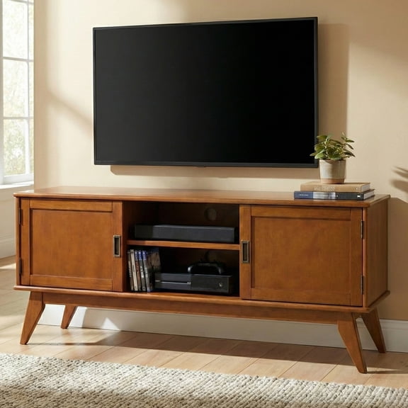 Draper 60 inch Wide Solid Wood Mid Century Low TV Stand in Teak Brown For TVs up to 65 inches