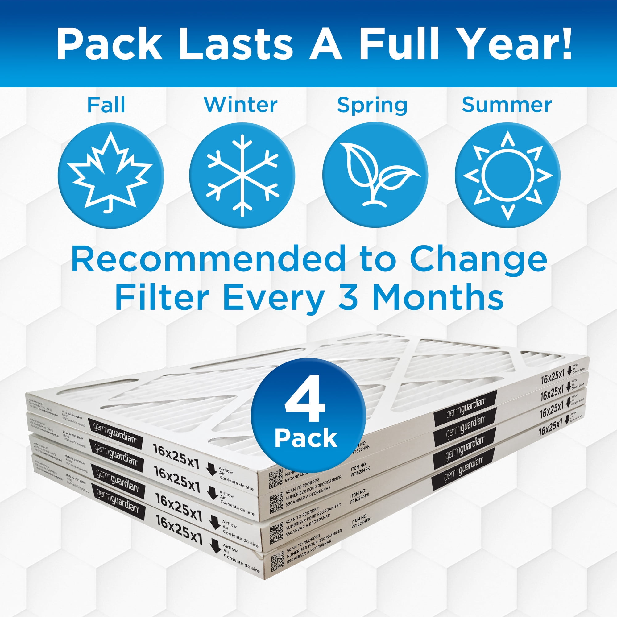 Germ Guardian 16 x 25 x 1 MERV 12 Pleated HVAC AC Furnace Air Filters (4-Pack)