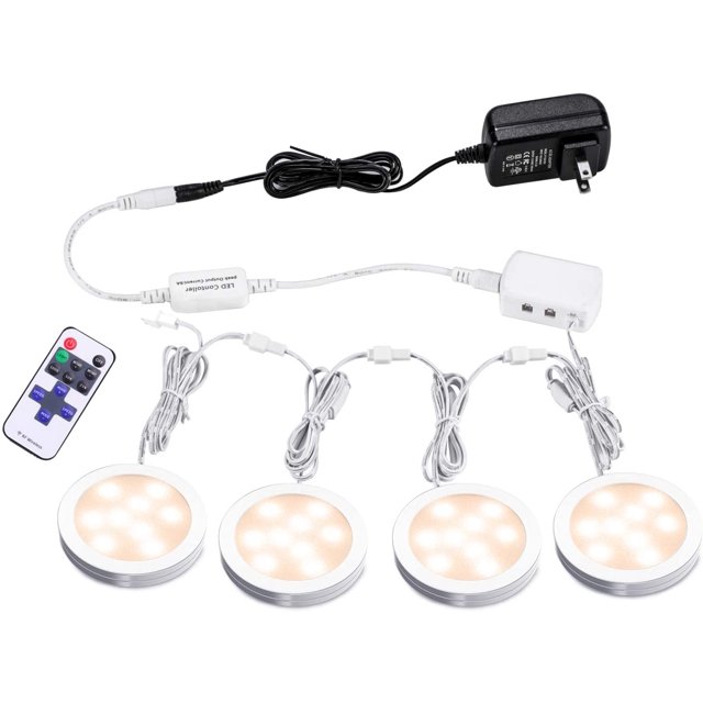 AIBOO Linkable LED Under Cabinet Lights 12V Slim Aluminum Dimmable Puck Lights with Remote Control & UL Listed Adapter for Cupboard Lighting (4 Lights)