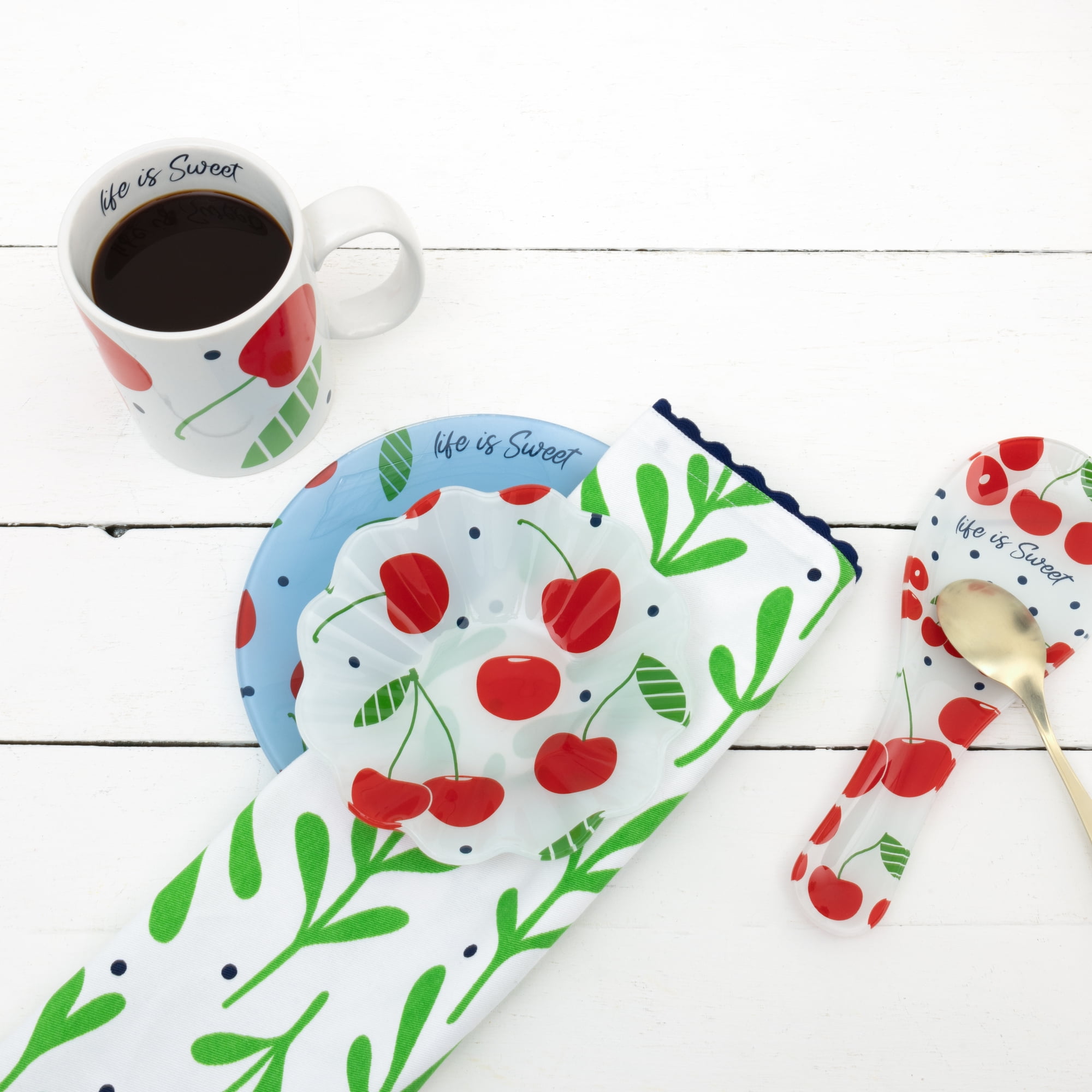 Pavilion - Cherries - Set of Two 20" x 28" Decorative Tea Towels - Vintage Summer Cherry Polka Dot Fruit Kitchen Decor