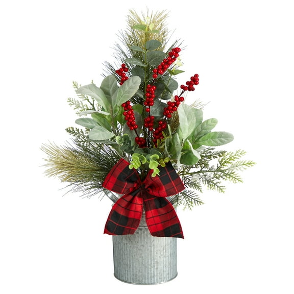 Nearly Natural Green 20" Holiday Winter Pine Greenery Artificial Plant in Tin Vase