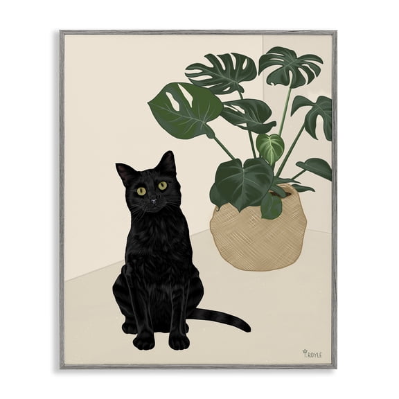 Stupell Industries Eclectic Black Cat & Monstera Plant Gray Framed Giclee Art, 11 x 14, by Tara Royle