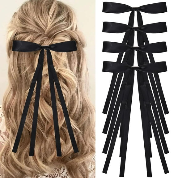 Black Hair Bows for Women,4 PCS Large Bow Hair Clips Tassel Ribbon Bowknot With Long Tail,Ribbon Hair Bows Barrettes for Thick Thin Hair,Nonslip Hair Accessories Christmas Birthday Gifts