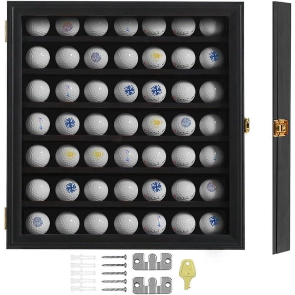 Golf Ball Display Case - Golf Ball Holder Gift for Golf Enthusiasts - Golf Ball Display Rack Cabinet for Wall Mount with Glass Door-Large Black
