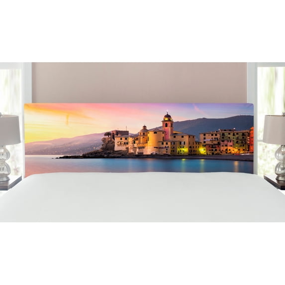 Cityscape Headboard, Old Mediterranean Town Camogli of Italy at Sunrise Colorful Scenic Landscape, Upholstered Decorative Metal Bed Headboard with Memory Foam, King Size, Peach Yellow, by Ambesonne