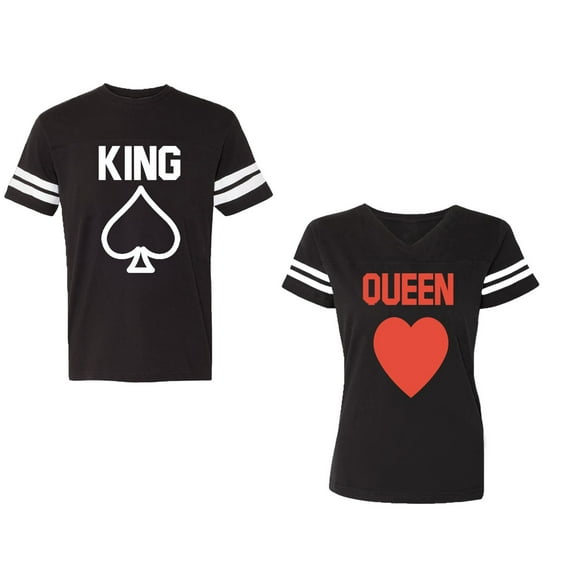 King Queen Poker Unisex Couple Matching Cotton Jersey style T-Shirt Contrasting stripes on sleeves (Men Black / Women Black) (Men S / Women S)