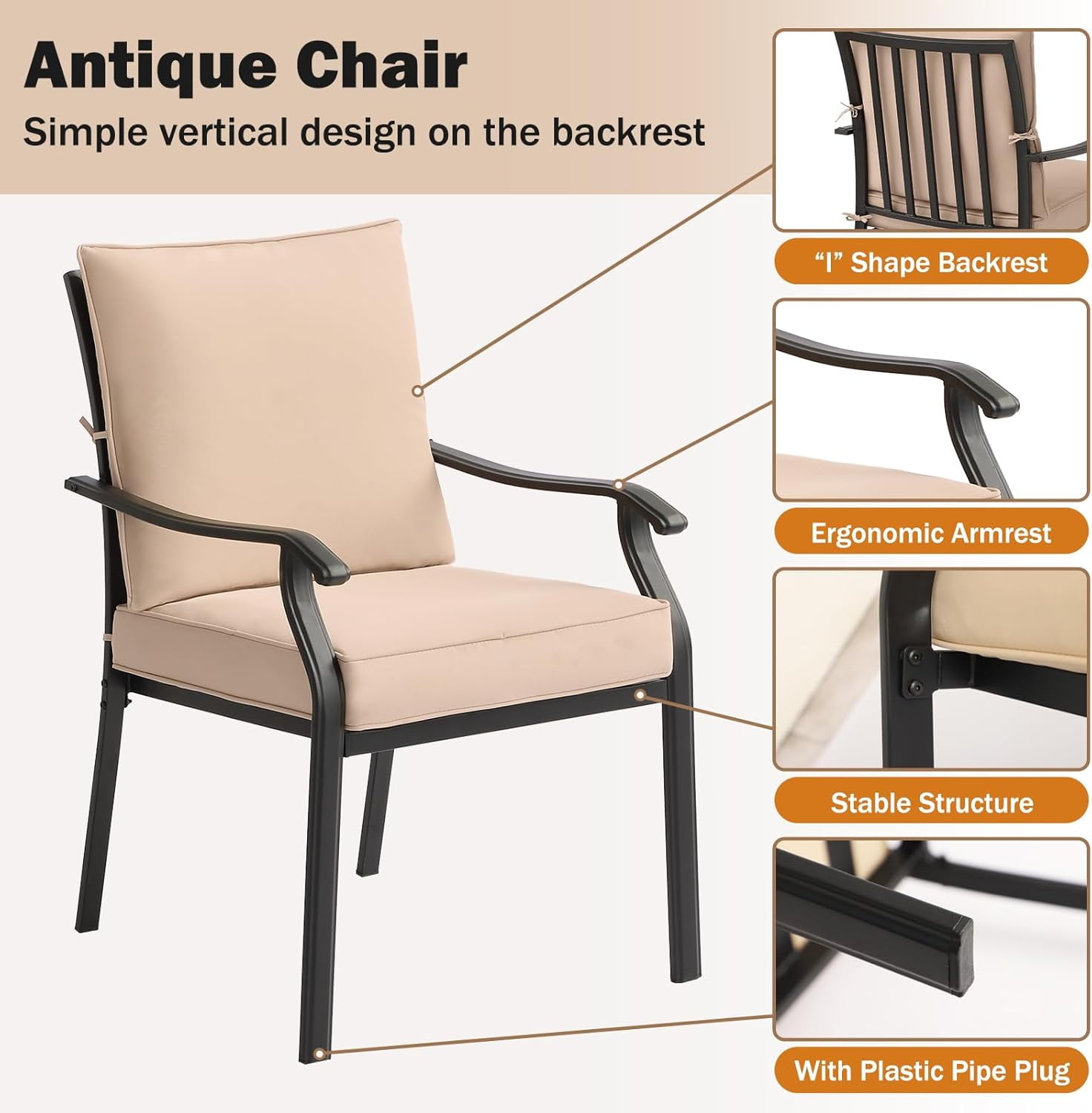 2 Pieces Patio Dining Chairs, Outdoor Metal Chairs with Armrests & Cushion, Metal Frame Stackable Patio Dining Chairs, Wrought Iron Outdoor Chairs for Garden, Balcony, Deck (2 Pieces)