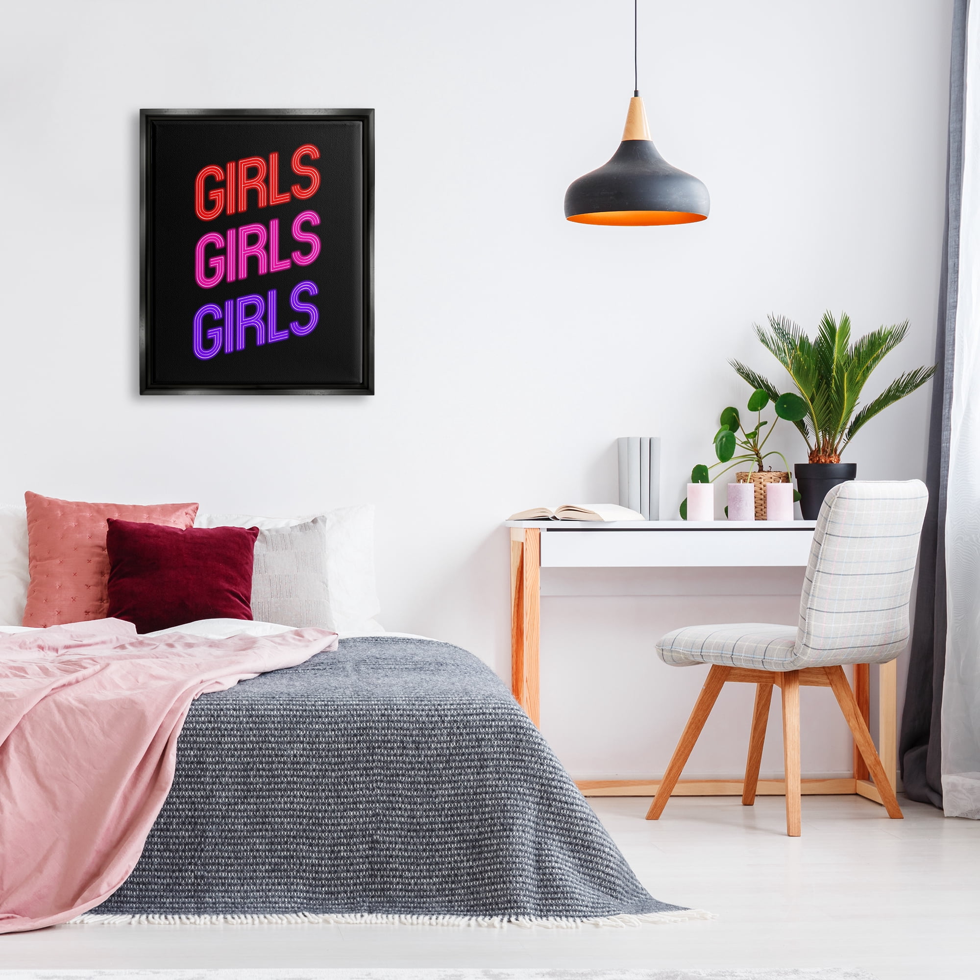 Stupell Industries Vivid Neon Girls Sign Inspirational Painting Black Floater Framed Canvas Art Print Wall Art, 25 x 31