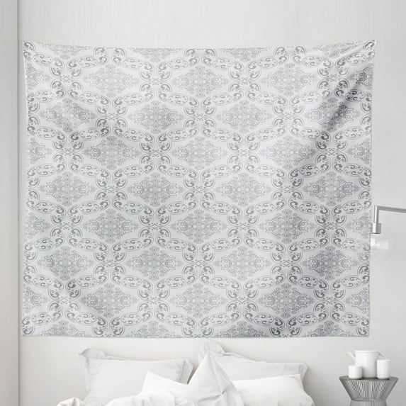 Grey Tapestry, Victorian Antique Tile Pattern with Royal Curlicues Old Rich Scroll Regency Motifs, Fabric Wall Hanging Decor for Bedroom Living Room Dorm, 5 Sizes, Grey Pale Grey, by Ambesonne