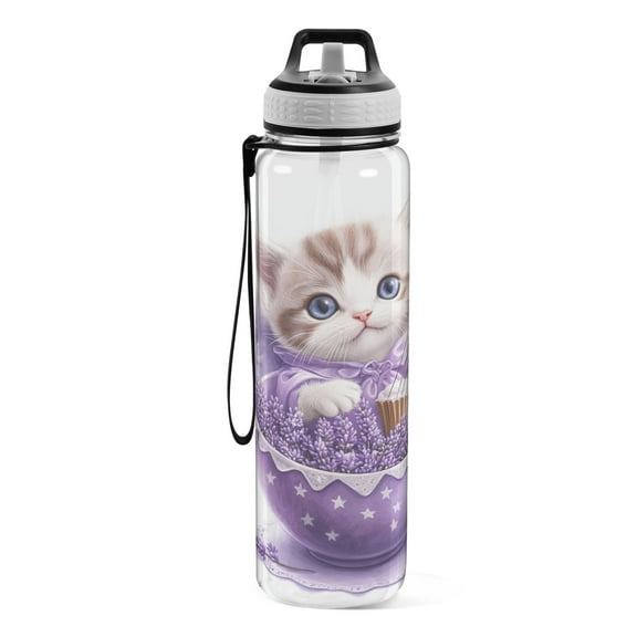 Motivational Water Bottle 32 oz with Straw, BPA Free Reusable Fitness Sport Bottle Perfect for Travel, School, Outdoors, and Gym Purple Cat