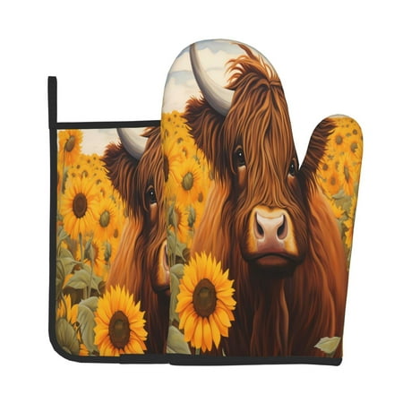 

Lukts Countryside Sunflower Cow Print Kitchen Heat-Resistant Gloves and Spacers 2pcs Set Suitable for Baking and Cooking