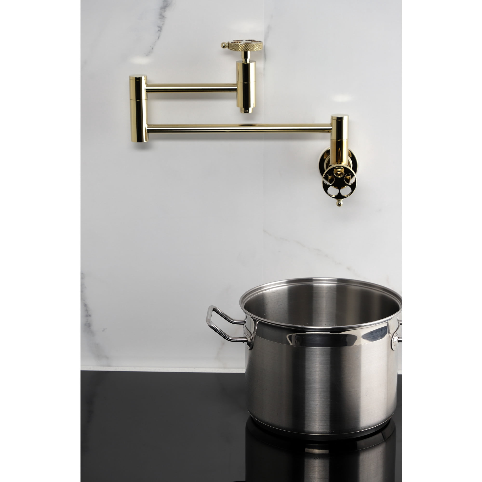 Kingston Brass KS8102RKX Webb Wall Mount Pot Filler Faucet with Knurled Handle, Polished Brass