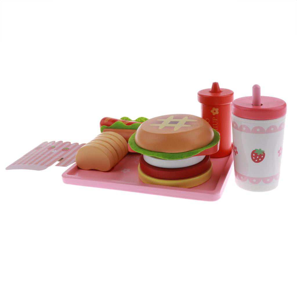 Hamburger Hot Dog Party Fast Food Wooden Kitchen Food Play Set Toy for Kids 
