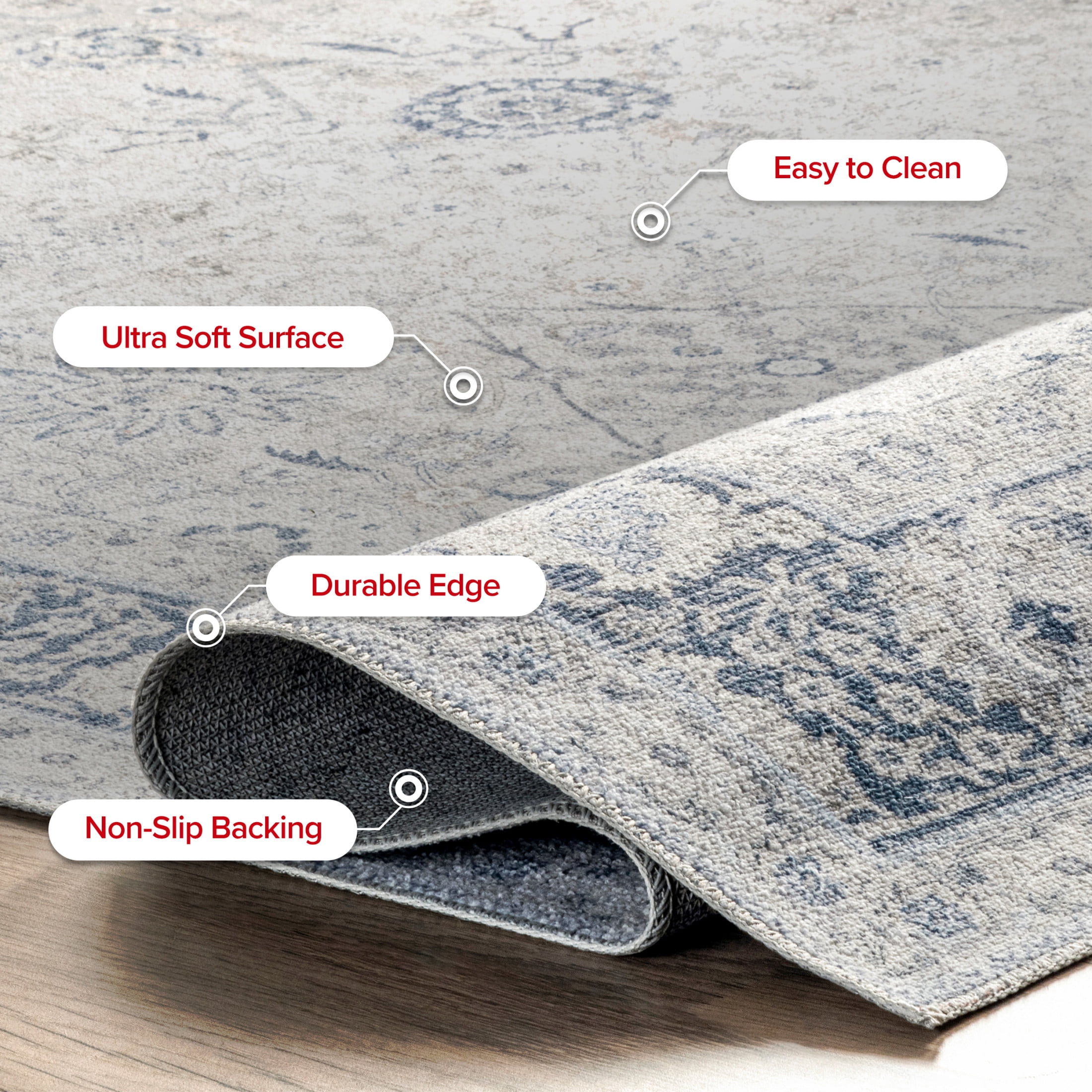 Rugs USA Bayberry Vintage Machine Washable Area Rug, 3' x 5', Ivy Light Blue