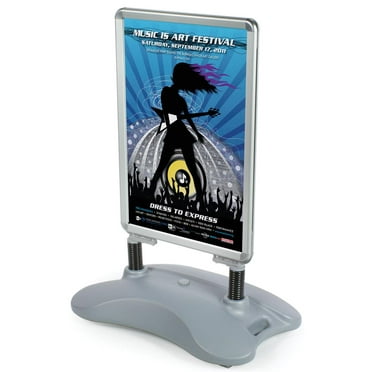 Pavement Signs 32”w x 41-1/2”h x 19-1/2”d Silver Aluminum Frames with Gray Plastic Bases Sidewalk Signage Holders Hold 24”w x 30”h Images – Outdoor Sandwich Boards Have Wheels at the Base (PS15C28V2)