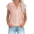 thumbnail image 5 of QLEICOM Womens Casual Tops, Plus Size Summer Shirt, Fashion Elegant Solid Cotton And Linen Button Blouse, Lapel Neck Short Sleeve Cardigan Buttons Blouse Tunic Tops Pink S, 5 of 6