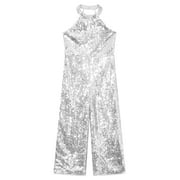 Eandarui Kids Girls Halter Neck Sequins Birthday Party Romper Sleeveless Jazz Latin Dancewear Silver 12