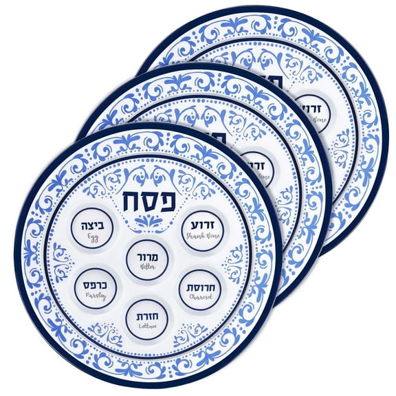Passover Seder Plates 12" Melamine - 6 Section Plate Marked with Symbolic Pesach Seder Foods - Round Seder Tray for Adults, Children Passover Plate by Zion Judaica - Blue Floral Renaissance 3-PK