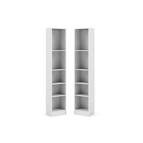 Home Square Tall Narrow 5 Shelf Wood Bookcase Set in White (Set of 2)