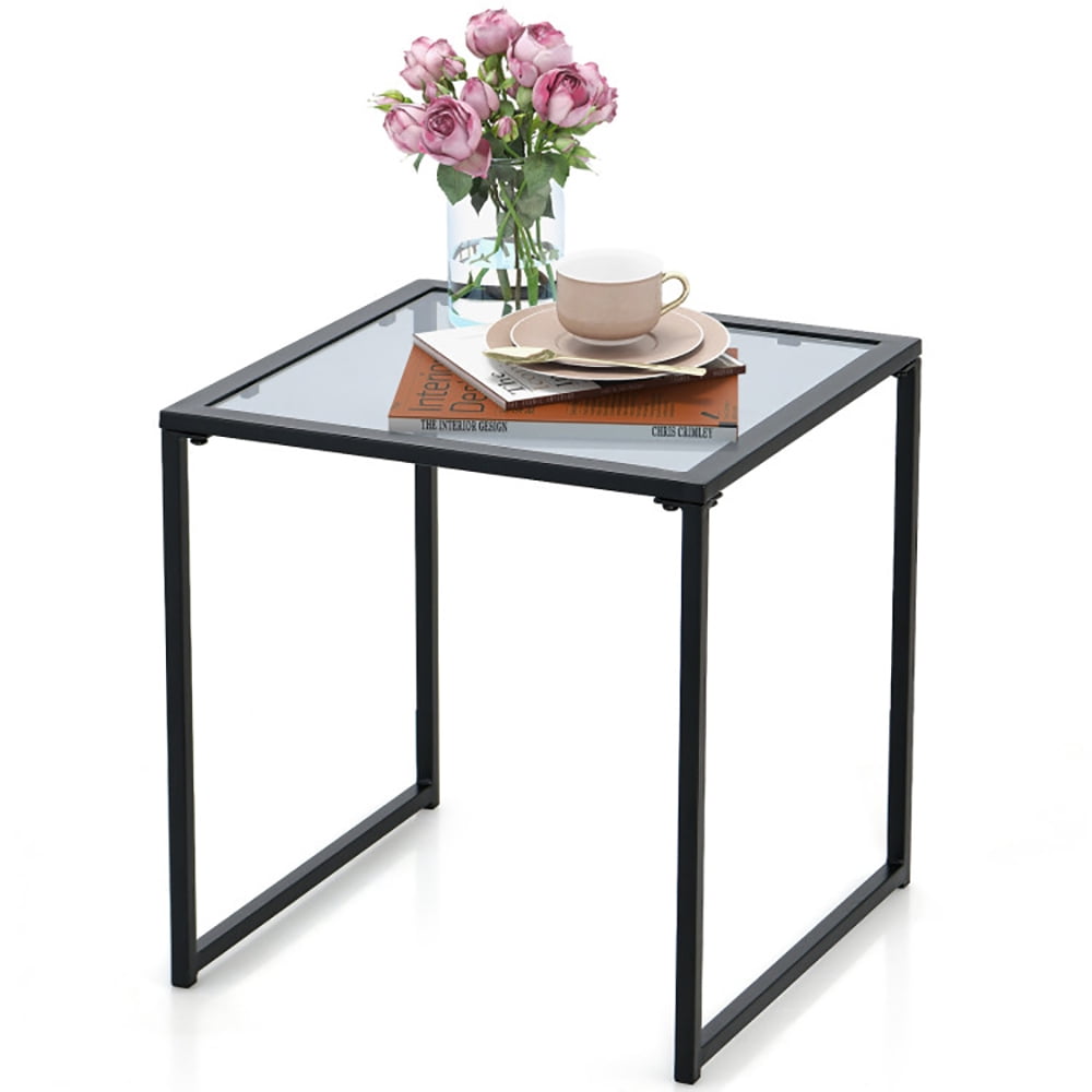 Finihen Side Table, Glass Side Table, Tempered Glass Side Table with Metal Frame, for Indoor and Outdoor, Black