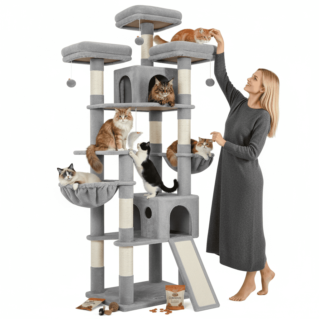 Globlazer 83'' Multi-Level Large Cat Tree Tower for Indoor Cats with Sisal Scratching Post, Hammock & 2 Condos,Light Gray Globlazer 83'' Multi-Level Large Cat Tree Tower for Indoor Cats with Sisal Scratching Post, Hammock & 2 Condos,Light Gray - Image 6